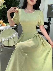 Modelyn Spring/Summer Solid Color Round Neck Short Sleeve Beaded Women's Dress Tea Party Light Green Elegant - Green - View 8