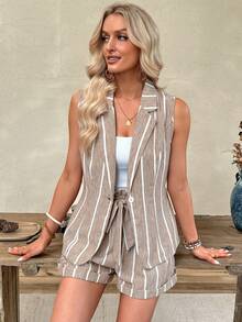 EMERY ROSE Summer Women's Blazer Collar Two Pieces Set, Ruffle Tie Shorts, Loose Fit, Suitable For Commuting Vacation, Showcasing Elegant Smart Casual. White - Multicolor - View 7