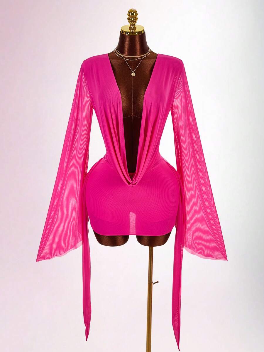 Amplova Gaun Mini Bodycon Pas Badan dengan Nuansa Bumi untuk Liburan Romantis - Hot Pink - View 1