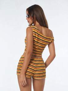 SHEIN ICON 女款條紋不對稱領短版上衣與短褲兩件套裝 - 彩色 - 查看 2