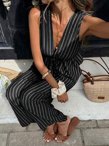 Serisse Casual Minimalist Black And White Striped Print Pattern Women's Front Tie Sleeveless Shirt And Pants Two Pieces Set Vacation Summer - Black - View 6