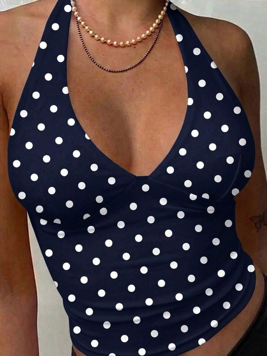 MainGRL 女款夏季性感波點印花露背掛脖上衣 - 彩色 - 查看 1