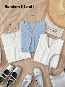 SHEIN Ragazza pre-adolescente casual quotidiano maglia con colletto arricciato bianco aderente apertura frontale maniche lunghe a campana - Bianco - Visualizzare 7