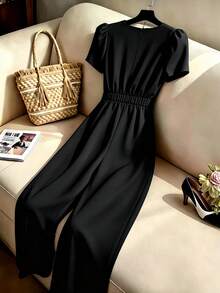 SHEIN LUNE CURVE Women's Plus Size V-Neck Pearl Decor Short Sleeve Cinched Waist Black Wide Leg Jumpsuit, Satin Fabric, Sexy Elegant, Casual Evening Office Summer - Black - View 4