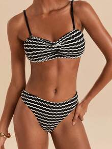 Travachic Women's Summer Beach Striped Ruched Sexy Fashion Bikini Two-Piece Swimsuit Set - Multicolor - View 4
