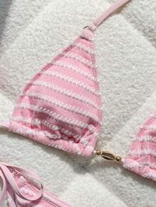 Swim Mod Women's Striped Special Fabric Metal Decor Lace-Up Halter Triangle Cup Sweet Sexy Bikini Two-Piece Swimsuit Set - Pink - View 7