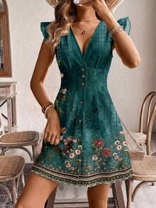 SHEIN Frenchy Gaun Wanita Model A-Line dengan Kerah V dan Lengan Bergelombang, Kancing Depan - MultiWarna - View 5