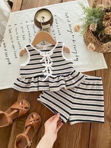 Baby Girl Knitted Striped Round Neck Tank Top And Shorts ,3 Sets, Get 1 Set Random - Black and White - View 5
