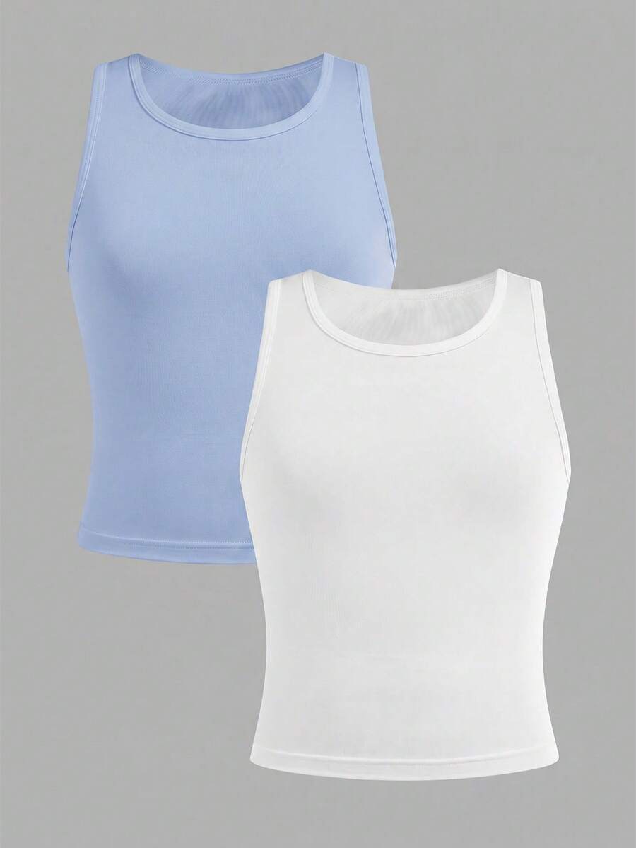 SHEIN Girlism Tween Girl Dozemod 青少女簡約圓領素色休閒背心內衣2件組 - 彩色 - 查看 1