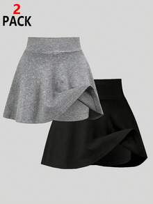 Souflis Souflis 女童 2 件組防磨損裙褲套裝，夏季純色針織 A 字裙內含內襯短褲，適合學校、運動與日常穿著，秋季適用 - 黑色 - 查看 4