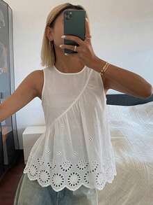 DAZY Solid Color Loose Short Sleeve Round Neck Pleated Casual Vacation Summer Blouse Shirt For Women - White - View 3