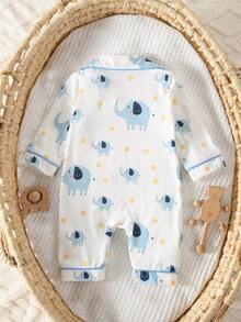 SHEIN 1pc Newborn Baby Boy Long Sleeve Snap-Up Romper With Pants, Knitted Fabric, Cute Bear Digital Print Pattern - Blue - View 2