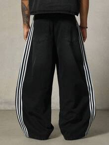 FRESIVO Men's Elastic Waist Side Stripe Loose Fit Fashionable Jeans - Black - View 3