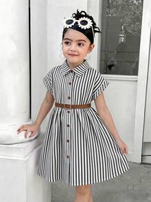 Elladie kids 女童春季寬鬆編織落肩修身粉色條紋領前扣開襟襯衫洋裝，附時尚腰帶，適合休閒日常穿著、舒適度假穿搭，年輕女孩正式洋裝 - 黑與白 - 查看 3