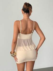 Siren Gaze White Summmer Seksi Chic Party Night Elegant Patchwork Mesh Slip Dress For Women,High-Waisted Off-Shoulder Sleeveless Mini Dress With Pleats - Apricot - View 3