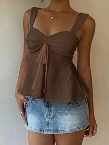 MainGRL Women's Fashion Pleated Tie Strap Camisole, Suitable For Daily Wear, Dates, And Commuting,Summer Top - Chocolate Brown - View 4