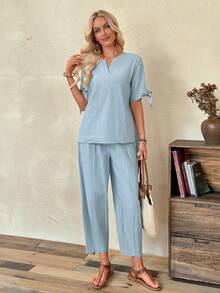 EMERY ROSE Women's 2pcs Light Blue Shirt + Ankle Pants Set - Blue - View 5