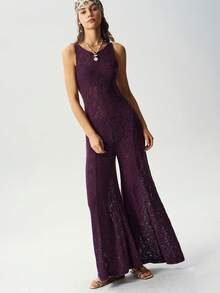 Bohemela Summer Casual Vacation Versatile Purple Lace Print Knitted Women's Slim Jumpsuit - Purple - View 3
