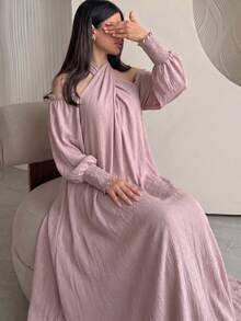 Yasmyna 女士春夏粉色长袖交叉扭结露背A字优雅浪漫阿拉伯风连衣裙 - 粉色 - 查看 7