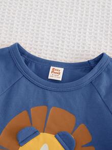 Cozy Pixies 2 Stücke Baby Jungen Cartoon Löwe Muster Strick Rundhals Kurzarm Top und Shorts Set mit elastischem Bund - Graublau - Übersicht 4