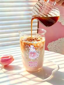 HELLO KITTY AND FRIENDS | SHEIN 1個 Hello Kitty 透明玻璃隨行杯，可愛冬季雪花與飲品印花高硼矽耐熱飲水杯，日系可愛風咖啡杯女款，適合居家、辦公室及日常飲用 - 彩色 - 查看 6