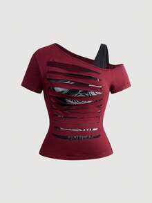 ROMWE Grunge Punk Plus Size Dark Punk 2 In 1 Fitted Distressed Ripped Edge Design T-Shirt - Red - View 1