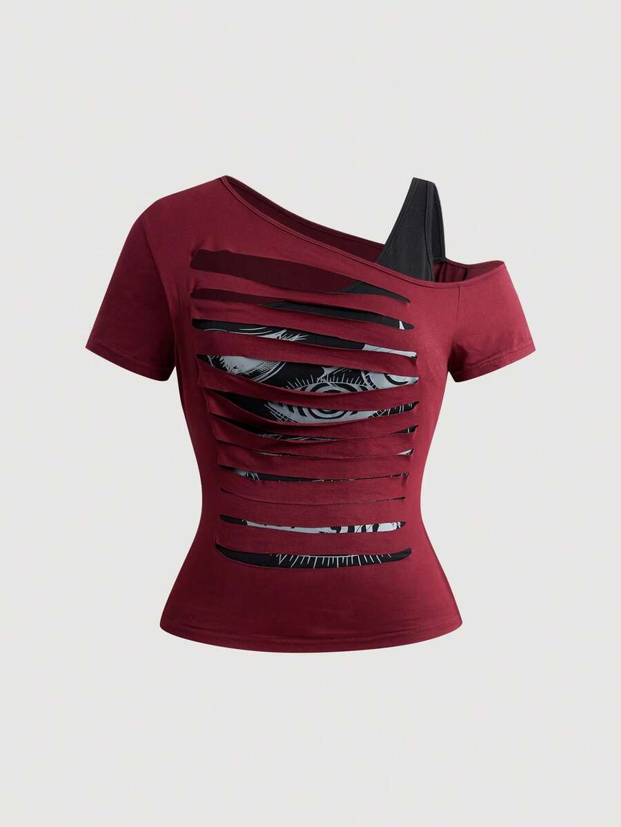 ROMWE Grunge Punk Plus Size Dark Punk 2 In 1 Fitted Distressed Ripped Edge Design T-Shirt - Red - View 1