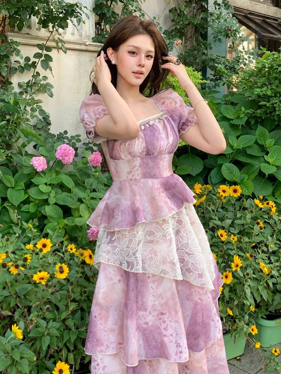 DAZY 波西米亞風不對稱紮染收腰無袖洋裝 夏季新款度假太陽裙 - 紫色 - 查看 1