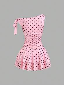 Sweetra Women's Polka Dot Print Pleated Metallic Decor Summer Dress - Pink - View 2