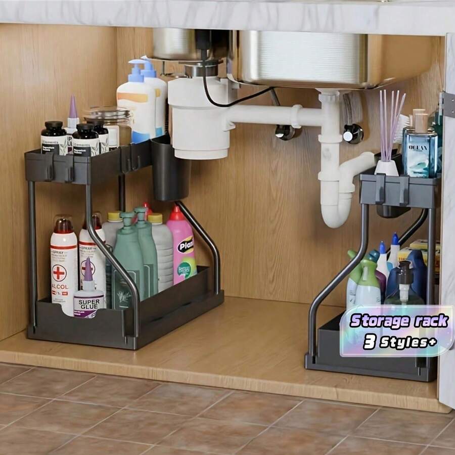 1pc/2pcs 2 Tier Black/WhiteUnder Sink Storage Organizer Sliding Drawer Multi-Purpose Rack Cabinet Under Sink Storage Rack Bathroom Kitchen Organizer. - Multicolor - View 1
