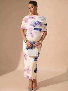 MaterniChic Maternity Floral Print Fitted Elegant Party Occasion Dress - Multicolor - View 1