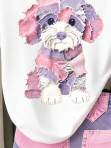 Ensemble T-shirt à manches courtes et short patchwork blocs de couleurs avec imprimé chiot, décontracté d'été pour jeune fille - Multicolore - Voir 3