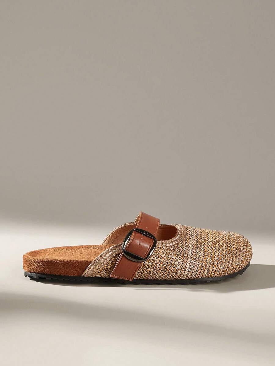 Solecia Women's Shoes Spring And Summer New Woven Grain Pattern, Gold Woven Tape Design, Buckle, Round Toe Design, Slip-On Exposed Heel, Comfortable And Simple Vacation, Women's Flat Shoes, A Must For Commuting, Casual And Versatile - Brown - View 1