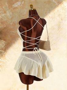 Amplova Women's Knitted 2 Pieces Set, Halter Backless Top With Starfish Shell Details, A-Line Mini Skirt White Summer Chic Boho Elegant Holiday Vacation Beach - Apricot - View 10