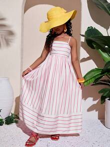 Tween Girl Fashion Resort Pink Spaghetti Strap A-Line Dress - Pink - View 5