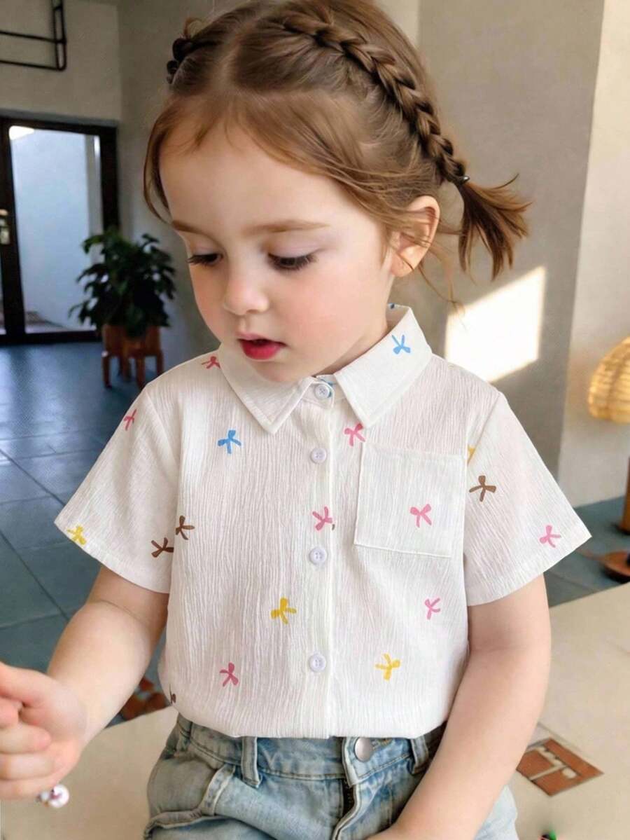 Genkimix Kids 女嬰返校風白色彩色蝴蝶結印花短袖領口襯衫 學院風鈕扣上衣 幼兒兒童夏季單件衣物