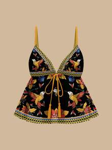 Travachic Frida Kahlo X SHEIN Áo hai dây dáng chữ A in hoa phong cách Bohemian Beach Resort, hợp tác cùng thương hiệu Woven Frida Collaboration, thích hợp cho các buổi đi chơi, phong cách đường phố, trang phục sân bay, thanh lịch. - Nhiều màu - Xem 7