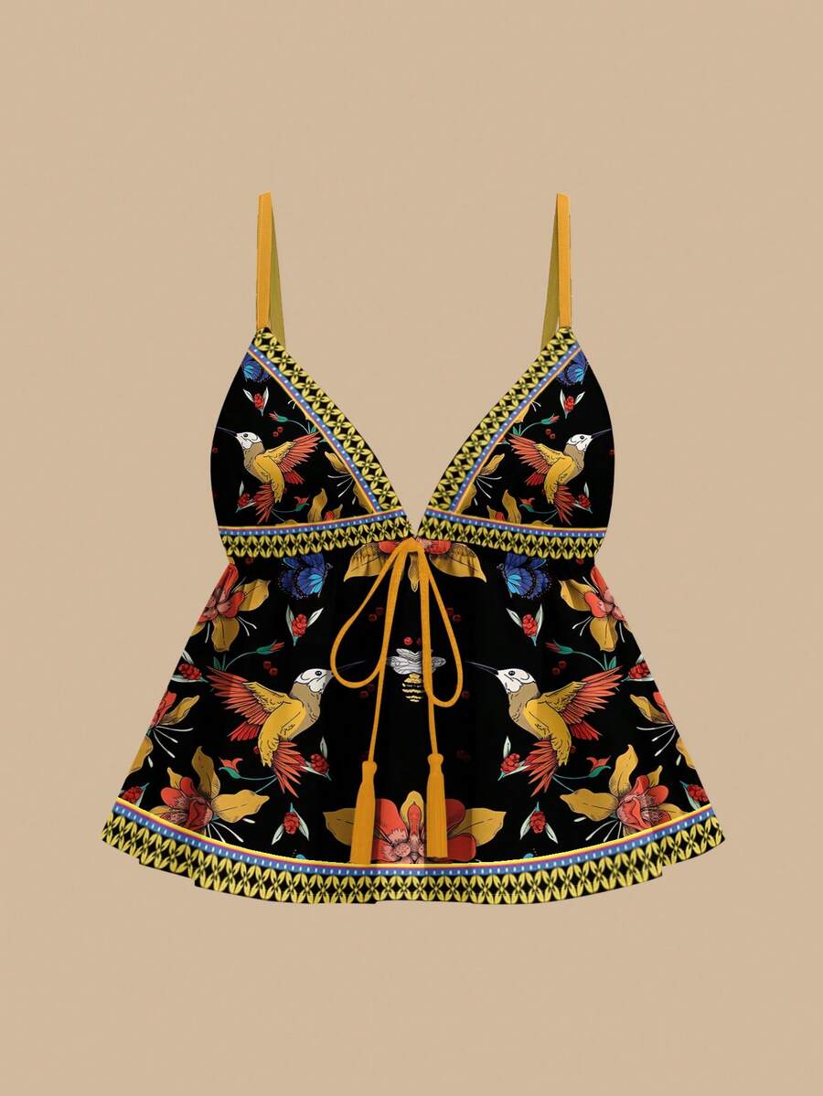 Travachic Frida Kahlo X SHEIN Frida 联名款波西米亚海滩度假风印花 A 字吊带背心,适合外出、街头风、机场穿搭,时尚别致。 - 彩色 - 查看 1