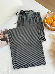 SHEIN CURVE+ 秋冬黑白條紋休閒百搭抽繩大尺碼長褲 - 深灰色 - 查看 5