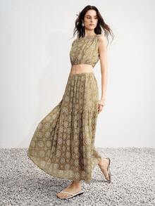 Aveloria Modichic Summer Hollow Embroidery Floral 3D Heavy Fabric Khaki Off-Shoulder Sleeveless Cropped Loose Top Patchwork A-Line Long Skirt Women's 2-Piece Set Sexy - Green - View 6