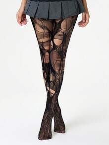 ROMWE Goth 1 Pair Of Punk-Style Black Stockings + Ripped Jacquard Pantyhose Combination, Suitable For Parties And Music Festivals. (Self Tearing Stockings) - Black jacquard ripped stockings - View 1