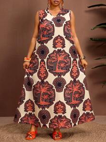 Truni Vestido Holgado y Cómodo de Vacaciones Tropicales Talla Grande, Para Body Forma de Pera y Triángulo - Albaricoque - Ver 3