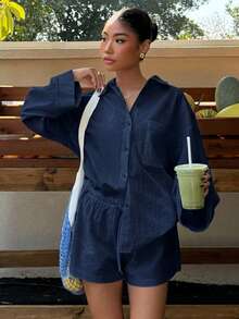 Muchica Set Kemeja dan Celana Pendek Tenun Kasual Musim Panas Terbaru untuk Wanita - Navy Blue - View 4