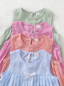 1 Set Randomly Sent Girls Toddler Multiple Colors Rose Pink Blue Green Orange Bubble Vertical Stripe Round Neck Pleated A-Line Tank Top With Bow Long Pants Set - Multicolor - View 6