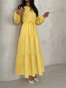 Yasmyna Women's Solid Color Long Sleeve Round Neck Bow Knot Button Arabian Dress Going Out - Yellow - View 3