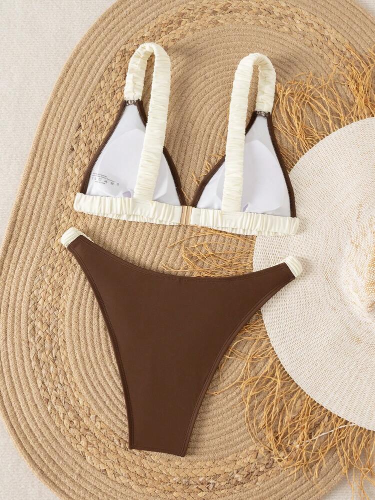 Swim Mod Conjunto de bikini sexy de unicolor con pliegues para playa de verano para mujer - Multicolor - Añade 2
