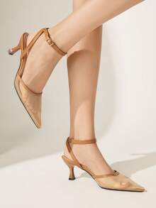 CUCCOO CHICEST Nude Mesh Pointed Kitten Heel Sandals, Buckle Commuter Dating Breathable Low Vamp High Heels - Brown - View 6