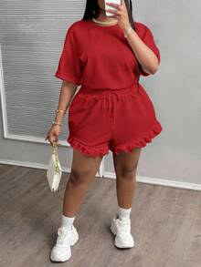 Slaydiva 2pcs/Set Plus Size Women Casual Cowboy Sports Basic Plain Red Short Sleeve T-Shirt And Pleat Hem Shorts Brunch Office Work Summer - Red - View 6