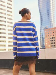 Aralina Women's Stretch Stripe Knitted Lightweight Boxy Long Length Longsleeve Sleeve Pullover Sweater Top - Multicolor - View 2
