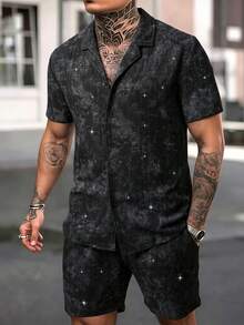 Manfinity Homme 男士紮染紋理鈕扣襯衫與抽繩短褲套裝，黑色，夏季街頭風度假休閒度假風，2件式休閒度假穿搭 - 黑色 - 查看 1